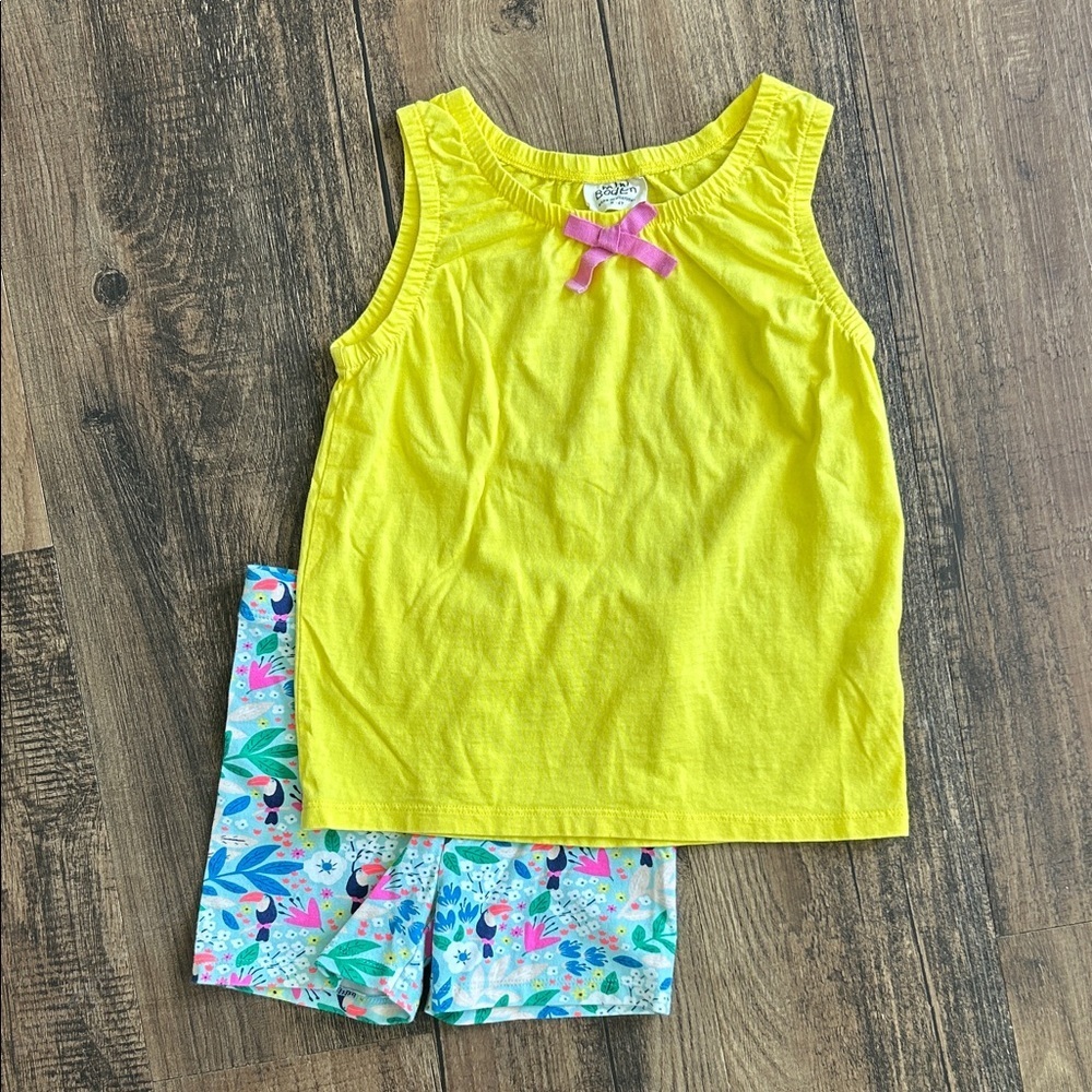 Mini Boden Bright Yellow Top with Pink Bow and Patterned Shorts